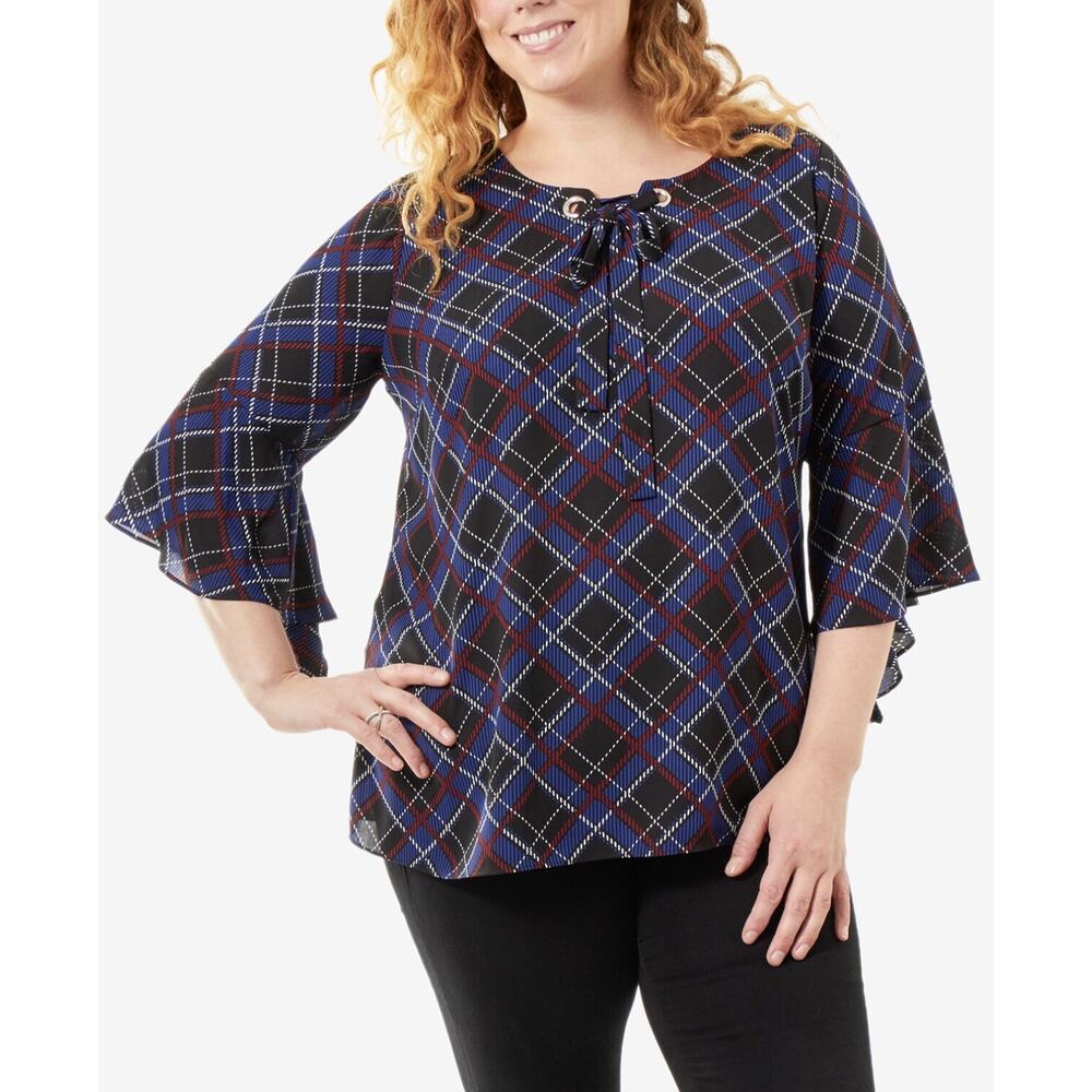 NY Collection Women's Plus Bell Sleeves Dressy Blouse Black Rowplaid Size 1X